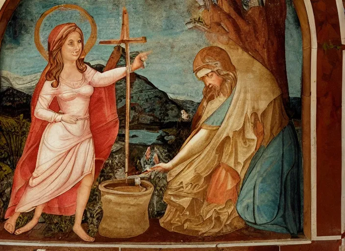 Prompt: Belle Delphine being christened in the river Jordan, fresco on a church wall