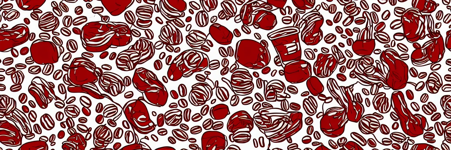 Image similar to seamless pattern, coffee, art, music, vector, line art, red and white,