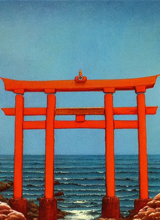 Prompt: happy torii gate on the shore. cassette era technology, vintage shapes, retro technology, happy color, bruce pennington, larry elmore, oil on canvas, deep depth field, masterpiece, cinematic composition, hyperdetailed