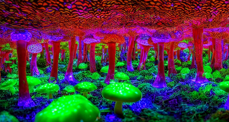 Prompt: A hyperrealistic photo of a kaleidoscopic psychedelic mushroom forest, with glowing mushrooms, and pixies, 8k, ultra detailed, volumetric lighting, 70mm