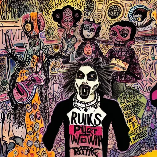 Prompt: A punk band who rebels against the punk culture by Antoni Gaudí and Tim Burton and Louis Wain artstation behance hd unsplash contest winner