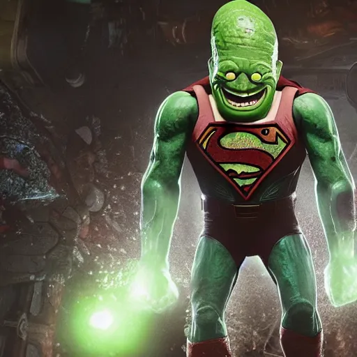 Image similar to pickle rick as superman! in gears of war, splash art, movie still, detailed face, photorealistic facial features, cinematic lighting, dramatic, octane render, long lens, shallow depth of field, bokeh, anamorphic lens flare, 8 k, hyper detailed, 3 5 mm film grain