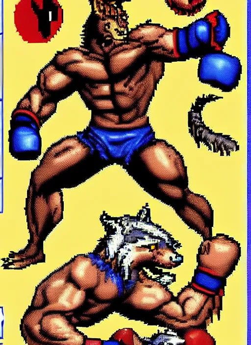 Prompt: extreme long shot. 8 bit nes graphics. antropomorphic muscular masculine wolf. kickboxer fighter, in shorts. wolf head. furr on body. like game contra.