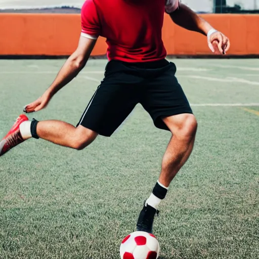 Prompt: a man kicking a football, photo,