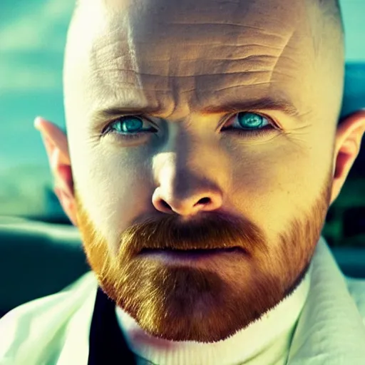 Image similar to Live Action Still of Aaron Paul dressed as Walter White, real life, hyperrealistic, ultra realistic, realistic, highly detailed, epic, HD quality, 8k resolution, body and headshot, film still