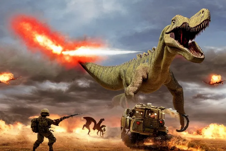 Image similar to the us military attacking an enormous dinosaur, dramatic angle