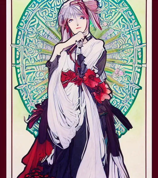 Prompt: Portrait of an anime girl with white hair wearing red gothic lolita dress, art by Alphonse Mucha and Shirow Masamune