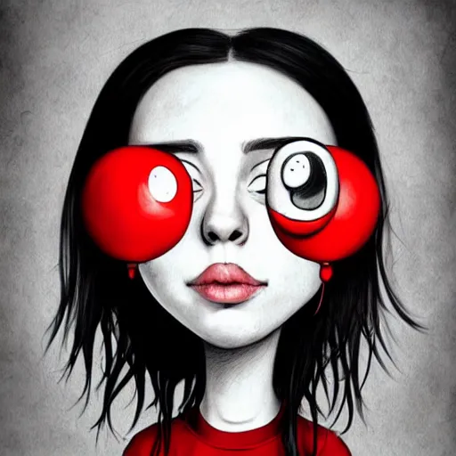 Prompt: surrealism grunge cartoon portrait sketch of billie eilish with a wide smile and a red balloon by - michael karcz, loony toons style, rick and morty style style, horror theme, detailed, elegant, intricate