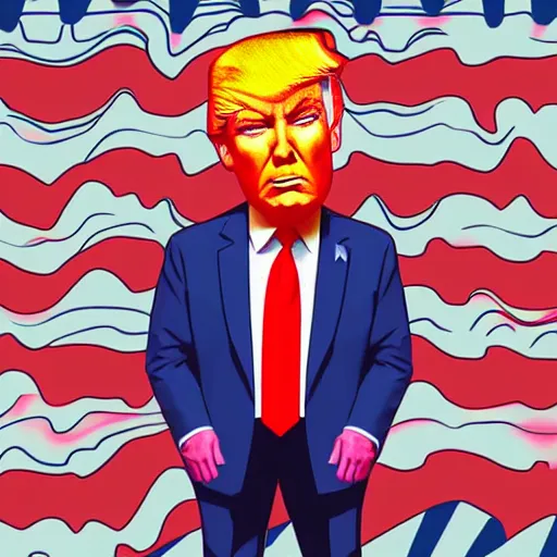 Prompt: caricature of donald trump wearing a polygon walter white hat, synthwave synthwave synthwave synthwave