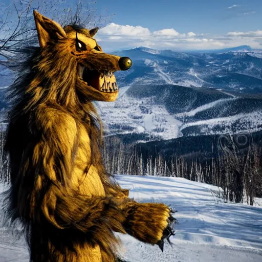 Prompt: a terrifying werewolf fursuit looking out over the hills, editorial photography for national geographic