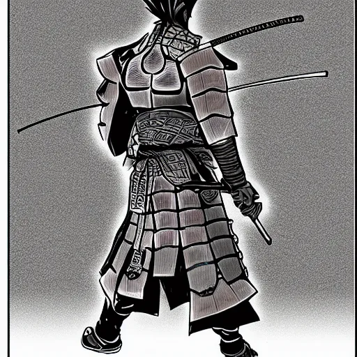 Image similar to A FULL BODY PORTRAIT FROM BEHIND OF A SAMURAI FROM MANGA VAGABOND ,detailed, concept art, ink style , sketch