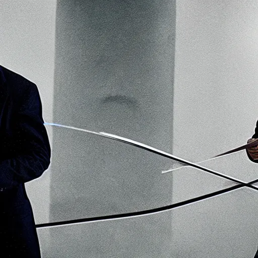 Image similar to film still of elon musk dueling bill gates with a fencing saber, epic cinematic