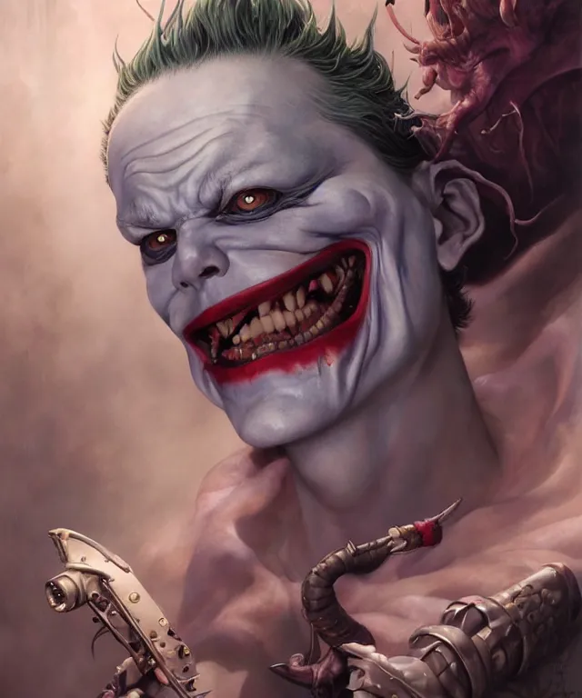 Image similar to beautiful portrait of evil fantasy baby joker, ultra realistic, wide angle, intricate details, the fifth element artifacts, highly detailed by peter mohrbacher, hajime sorayama, wayne barlowe, boris vallejo, aaron horkey, gaston bussiere, craig mullins