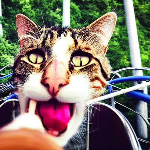 Image similar to selfie of a cat riding a roller - coaster