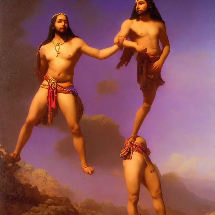 Image similar to handsome navaho god in a loincloth, posing against a royal purple backdrop by ivan aivazovsky, oil painting, beautiful soft lighting, saturated colours, artstation