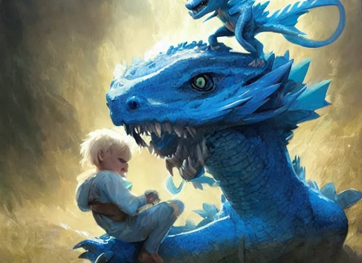 Image similar to a cute little boy with tousled blonde hair and blue eyes holds a blue baby dragon, beautiful fantasy art by greg rutkowski.