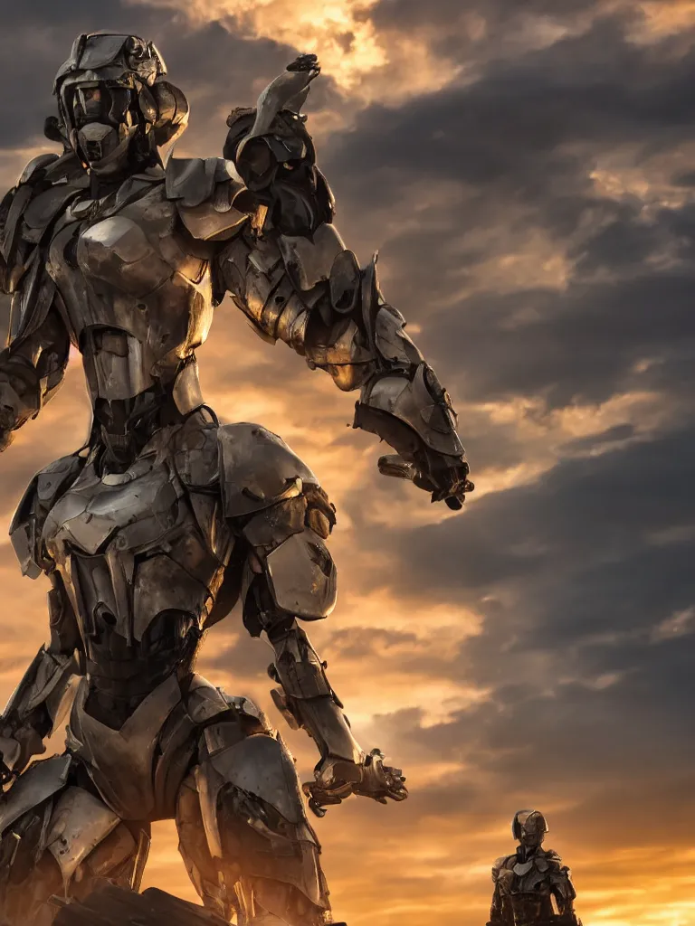 Image similar to emily blunt in futuristic power armor, close up portrait, solitary figure standing atop a pile of rubble, holding a sword on her shoulder, sunset and big clouds behind her