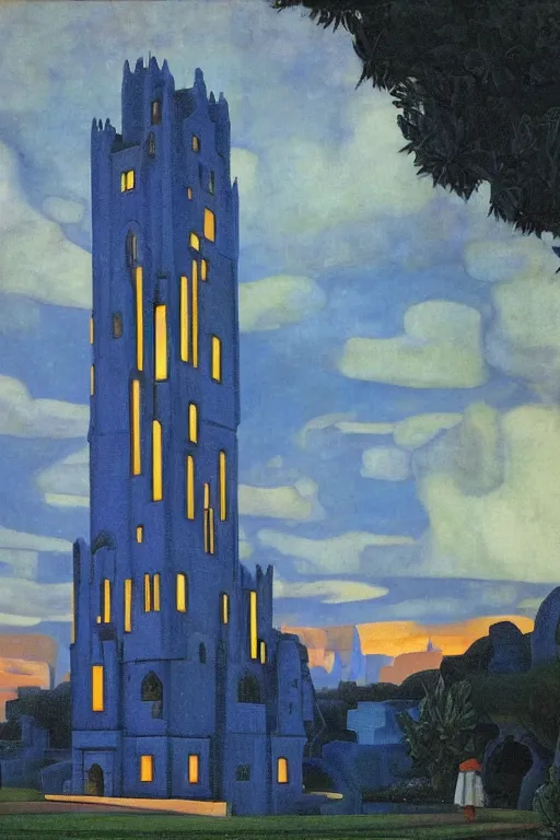 Image similar to view of the mysterious blue tower in its gardens after a storm, tall windows lit up, beautiful ornamental architecture, dramatic cinematic lighting, rich colors, by Nicholas Roerich and William Dyce and April Gornik and Sylvain Sarrailh and Ludwig Deutsch and Diego Rivera