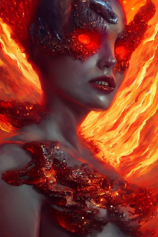 Prompt: torso closeup model wearing exploding glass fire lava dress, sorcerer, diamonds, angel, fantasy, dramatic lighting, highly detailed, digital painting, holding electricity, magic the gathering, hyper detailed, 3 d render, hyper realistic detailed portrait, peter mohrbacher, wlop, ruan jia