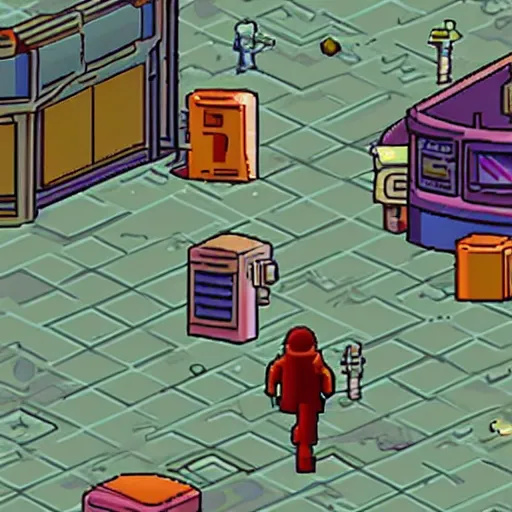 Prompt: the main character walking down the main street in a small space colony, from Space Quest X, a serria online game, made in 1992