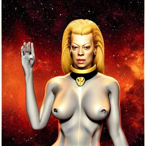 Prompt: Seven of Nine of Star Trek Voyager as a goddess by Hajime Sorayama, coherent, artstation, Artgerm, high detail 4k render, Trending on artstation