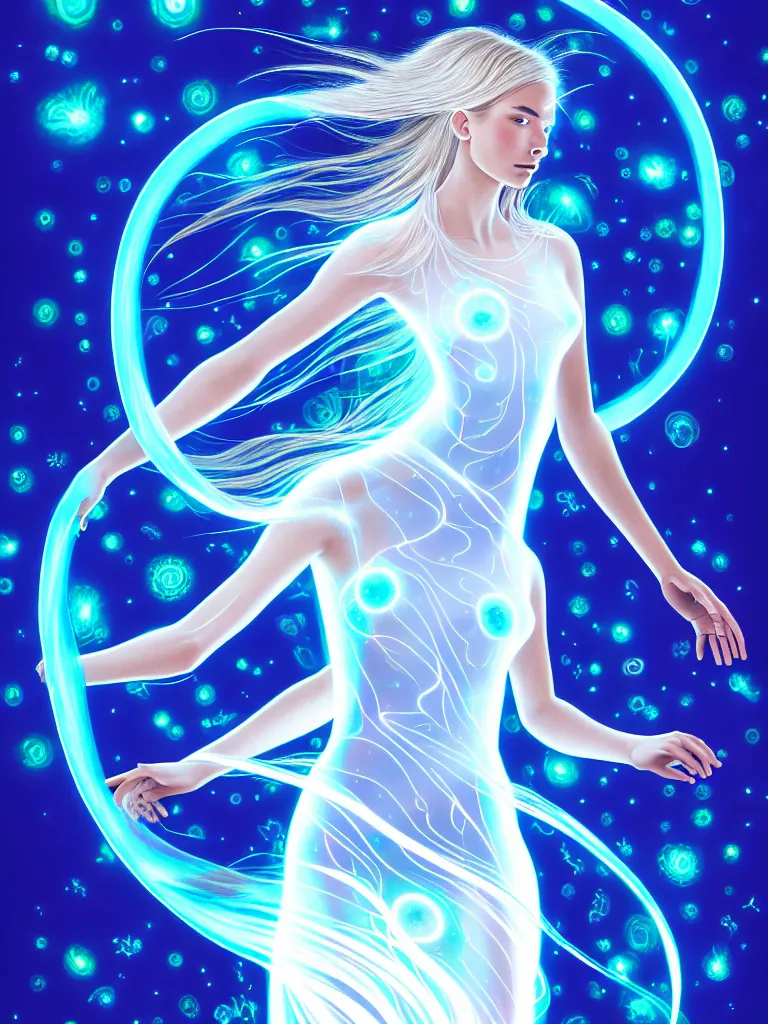 Prompt: front shot of female elemental surrounded by bioluminescent plankton, clear white dress, beautiful, radiant, glowing swirling hair, levitating, character, hyperdimensional, bioluminescent hypercubes, dark holography, spectral, chrome, intricate, elegant, highly detailed, centered, artstation, concept art, smooth, sharp focus, artgerm, Tomasz Alen Kopera, Peter Mohrbacher, donato giancola, Joseph Christian Leyendecker, WLOP, Boris Vallejo, mugshot, octane render, nvidia raytracing demo, 8K