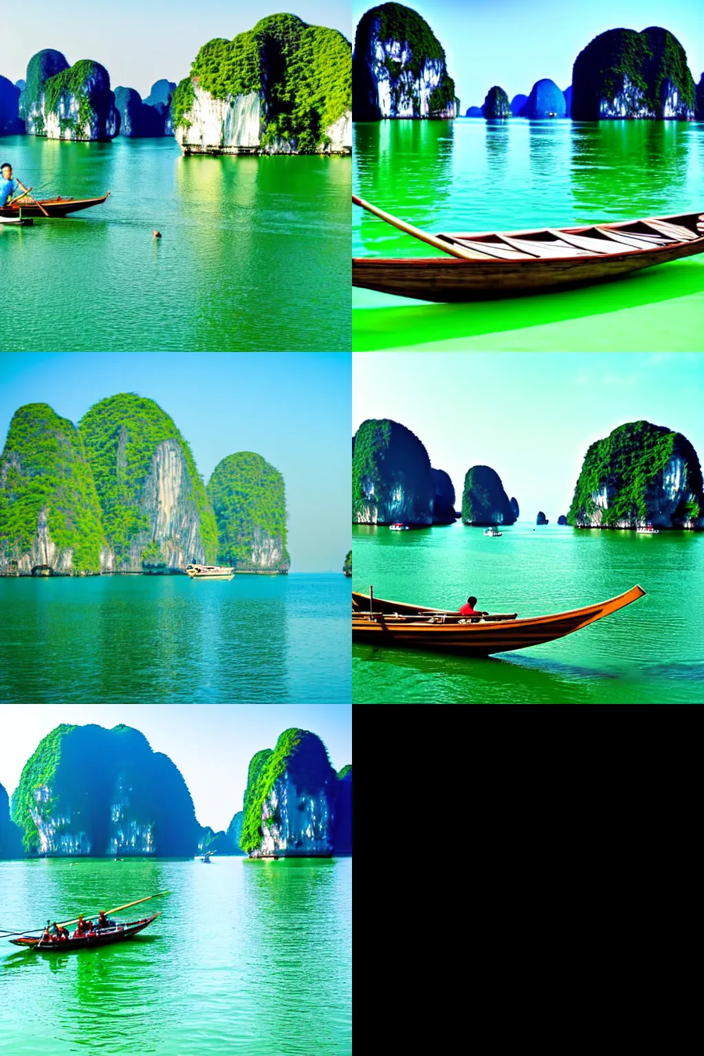 Prompt: ha long bay, pastel green shades, circular frame, blue sky, rower on water