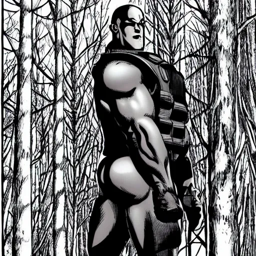 Prompt: A 15 foot tall, muscular, bald, smooth, extremely pale androgenous humanoid with a perfectly symmetrical face, dressed in black body armour, in the background is a dense and foggy forest of trees. High contrast, comic book,