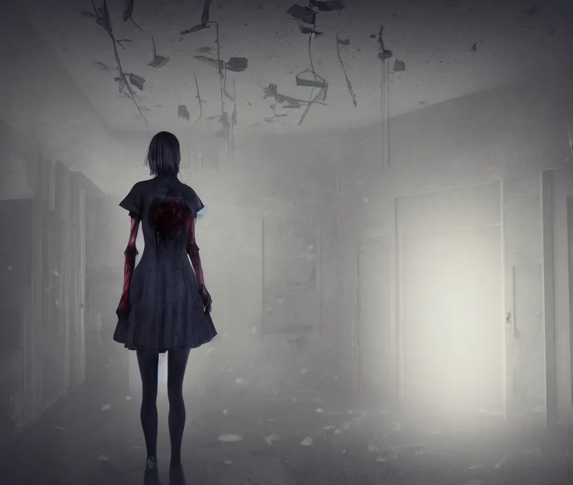 Image similar to gothic girl standing on an abandoned hospital room with red ceiling lighting and several blue lights on the walls, gloomy and foggy atmosphere, octane render, artstation trending, horror scene, highly detailded