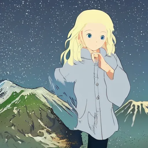 Prompt: a beautiful blond silver hair young woman walking up Mount Fuji in the style of studio ghibli