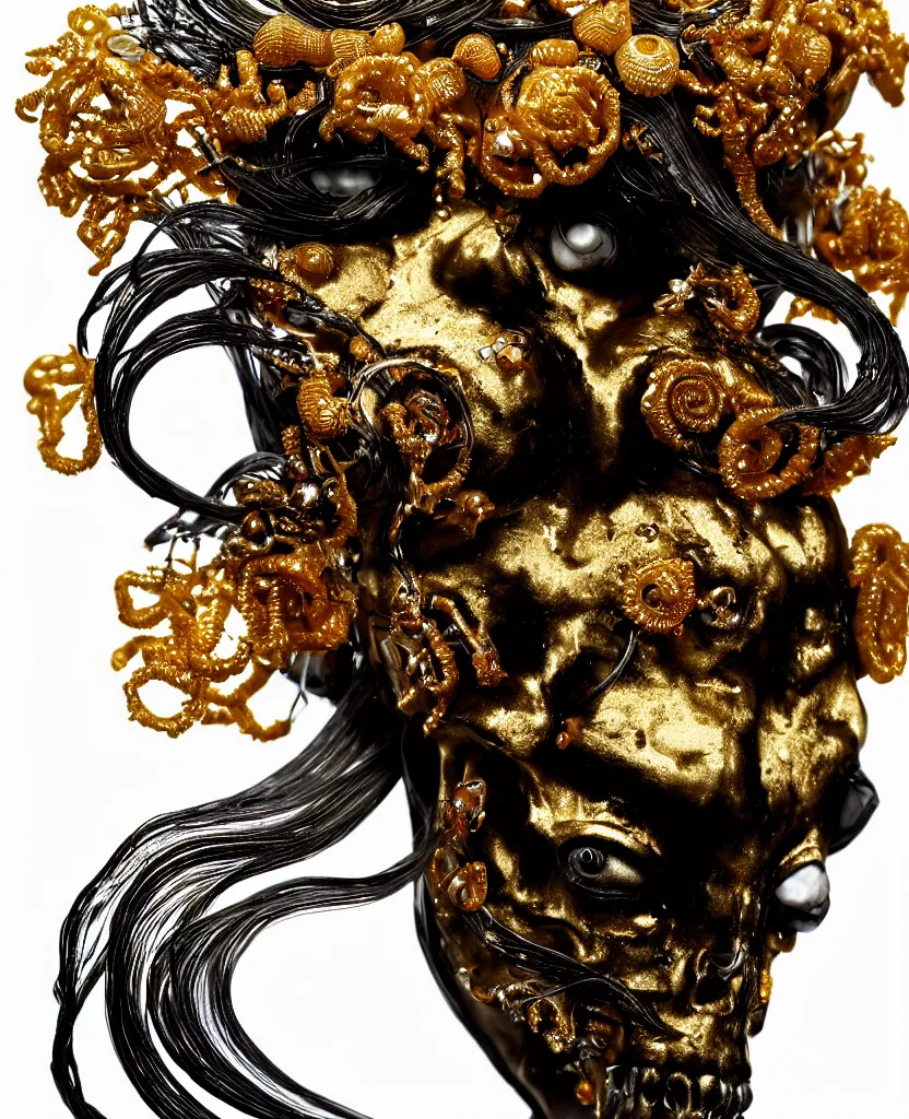 Prompt: fully black background. background hex 000000. goddess princess face close-up portrait ram skull. sculpture made of gold and decorated with brilliants. jellyfish phoenix head, nautilus, orchid, skull, betta fish, bioluminiscent creatures, intricate artwork by Tooth Wu and wlop and beeple. octane render, trending on artstation, greg rutkowski very coherent symmetrical artwork. cinematic, hyper realism, high detail, octane render, 8k