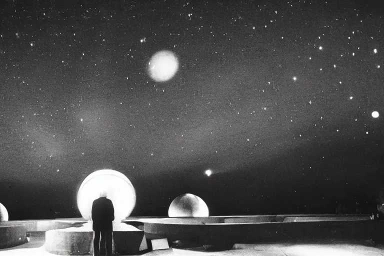 Image similar to a young man stands in the planetarium, planets and stars at background, low low exposure, decisive moment, anri cartier bresson