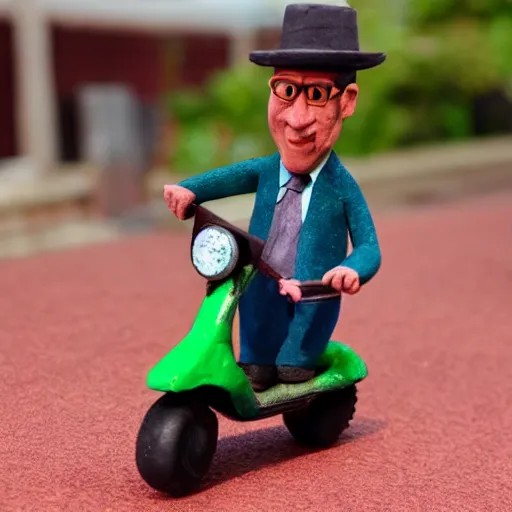 Prompt: a claymation figure of a man on a scooter