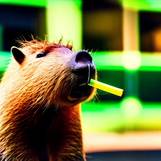 Prompt: cute capybara eating a neon nvidia gpu, chewing on a video card, cooling fans, cyberpunk, wildlife photography, bokeh, golden hour, sharp focus, 3 5 mm, taken by sony a 7 r, 4 k, award winning