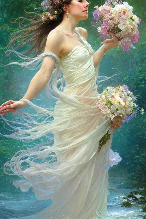 Image similar to portrait of a beautiful woman wearing a white dress, holding a bouquet of flowing flowers, drenched body, wet dripping hair, emerging from the water, fantasy, regal, fractal crystal, fractal gems, by stanley artgerm lau, thomas kindkade, alphonse mucha, loish, norman rockwell