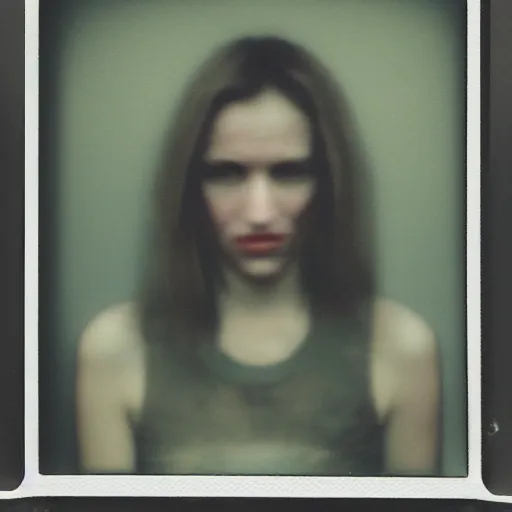 Image similar to glitchpunk damaged polaroid photo of a blurry woman in a dark dystopian future