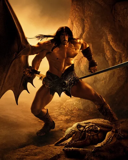 Image similar to closeup Photo of Conan the Barbarian fighting a dragon with a sword in a dungeon, rim lighting, octane, Edgar Rice Burroughs,