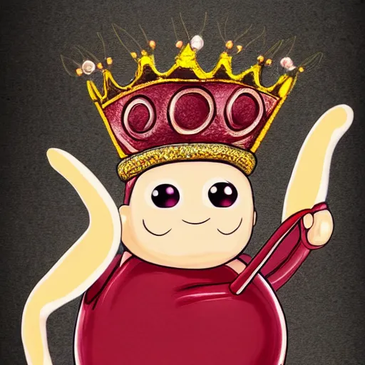 Image similar to kidney bean holding a staff, wearing crown, cartoon character, digital art, fun,