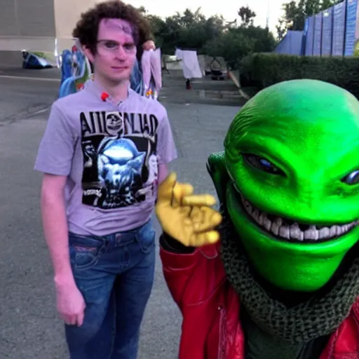 Image similar to photo, a human stand with a alien from space.