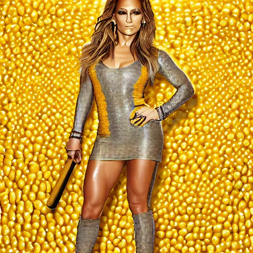 Image similar to full body photo of jennifer lopez, she is wearing the funniest fashion cry costume of corn on a cob, studio lighting, corn on a cob everywhere