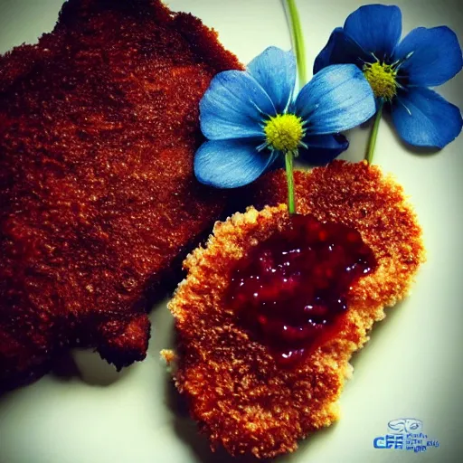 Prompt: epic illustration of a breaded steak with jam and a `blue flower`!!!, best on artstation, cgsociety, much detail, much wow, masterpiece