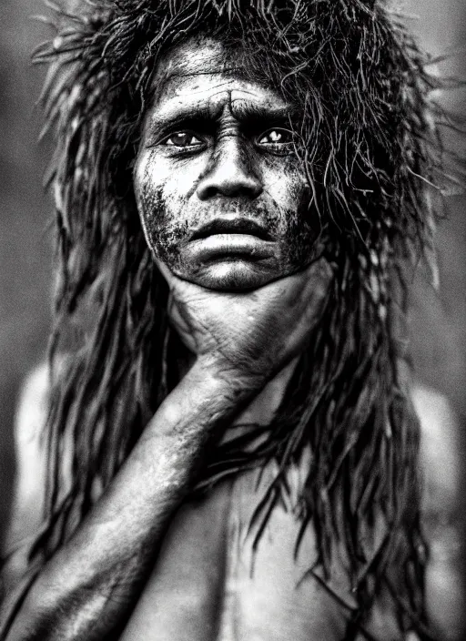 Image similar to Award winning Editorial photo of a Native Nauruans with incredible hair and beautiful hyper-detailed eyes wearing traditional garb by Lee Jeffries, 85mm ND 5, perfect lighting, gelatin silver process