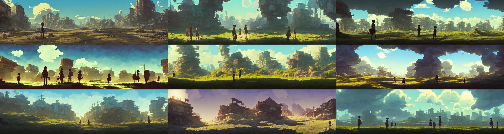 Prompt: a wholesome animation key shot of a random sunny postapocalyptic panorama, studio ghibli, pixar and disney animation, sharp, rendered in gouache painting, anime gouache key art by greg rutkowski, bloom, dramatic, dynamic lighting