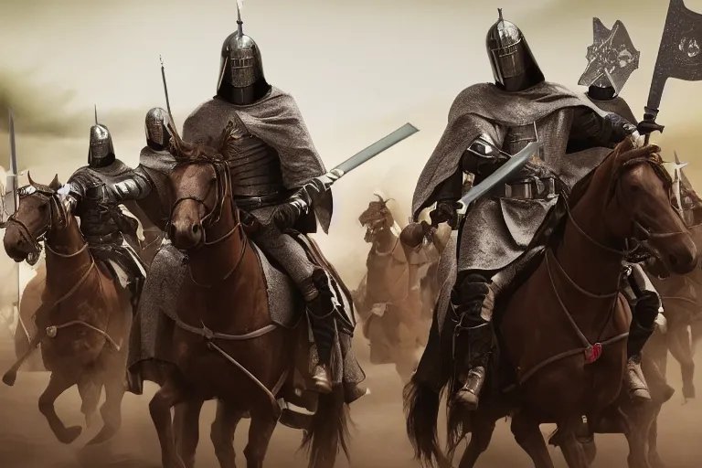 Image similar to Knights Templar with Jedi Swords Riding on Horses, DSLR, Depth of Field, Gamma, 4k, hd, detailed, cinematic