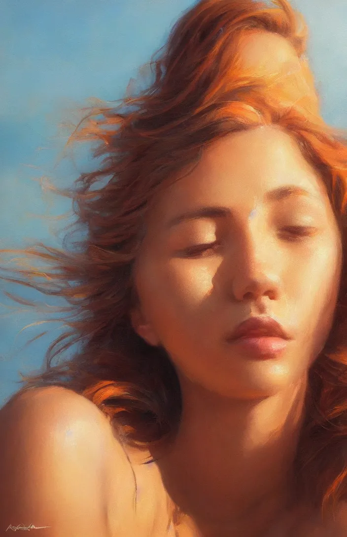 Image similar to a face portrait of a beautiful girl enjoying the warm sunlight, cuban setting, warm colors, soft lighting, atmospheric, cinematic, moody, in the style of diego koi, gina heyer, luiz escanuela, art by alyssa monk, hyperrealism, rule of thirds, golden ratio, oil on canvas, 8 k