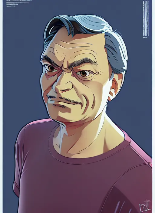 Image similar to art viktor orban, sad expression, t - shirt, modern casual clothing, natural lighting, path traced, highly detailed, high quality, cartoon, digital painting, by don bluth and ross tran and studio ghibli and alphonse mucha