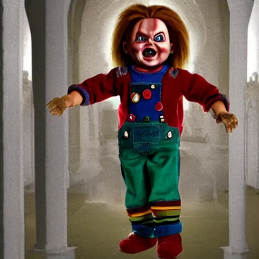 Image similar to chucky the killer doll standing in a church