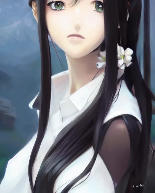 Image similar to An anime portrait of a beautiful girl with long black hair wearing a white blouse, by Stanley Artgerm Lau, WLOP, Rossdraws, James Jean, Andrei Riabovitchev, Marc Simonetti, and Sakimichan, tranding on artstation