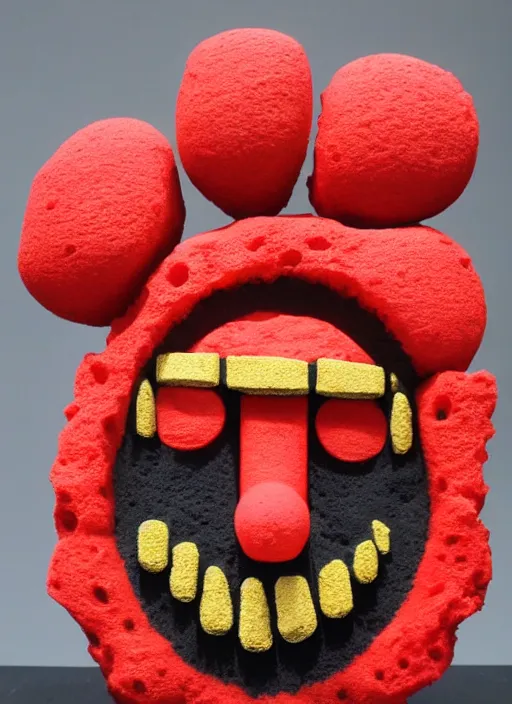 Image similar to sponge sculpture of an ancient warrior red and black and gold theme