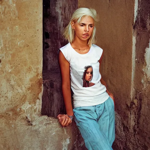 Image similar to photograph by steve mccurry of blonde female in her twenties wearing designer top
